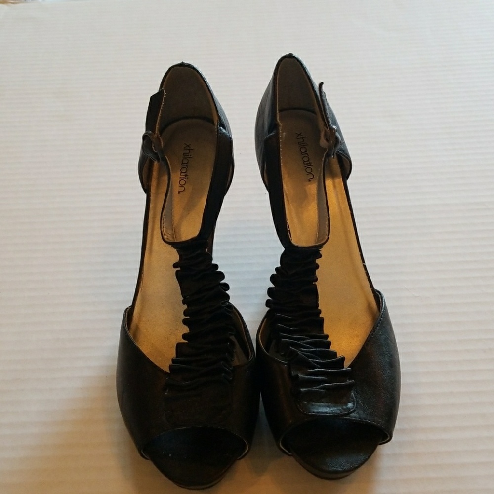 Black ruffle T strap heels